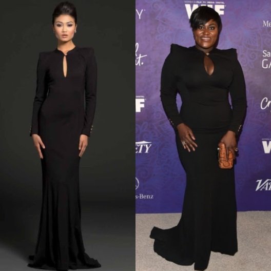 While her costar took a cocktail approach, Danielle Brooks looked stunning in one of Jovani's newest evening designs, style 72758. The black gown featured a keyhole design with exaggerated shoulders.